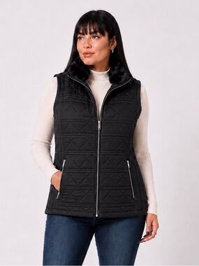 CALVIN KLEIN Black Quilted Faux Fur Collar Vest Plus Size 0X